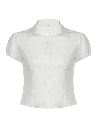 fashion Casual Solid Tee Shirts for Women Turn-down Collar Button Up Corset Blouses Korean Short Sleeves Fashion Cute Tops