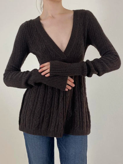 fashion Solid Vintage Knitted Sweaters Long Sleeves Aesthetic Slim Basics Loose Hem Clothes Casual Brown Pull Tops