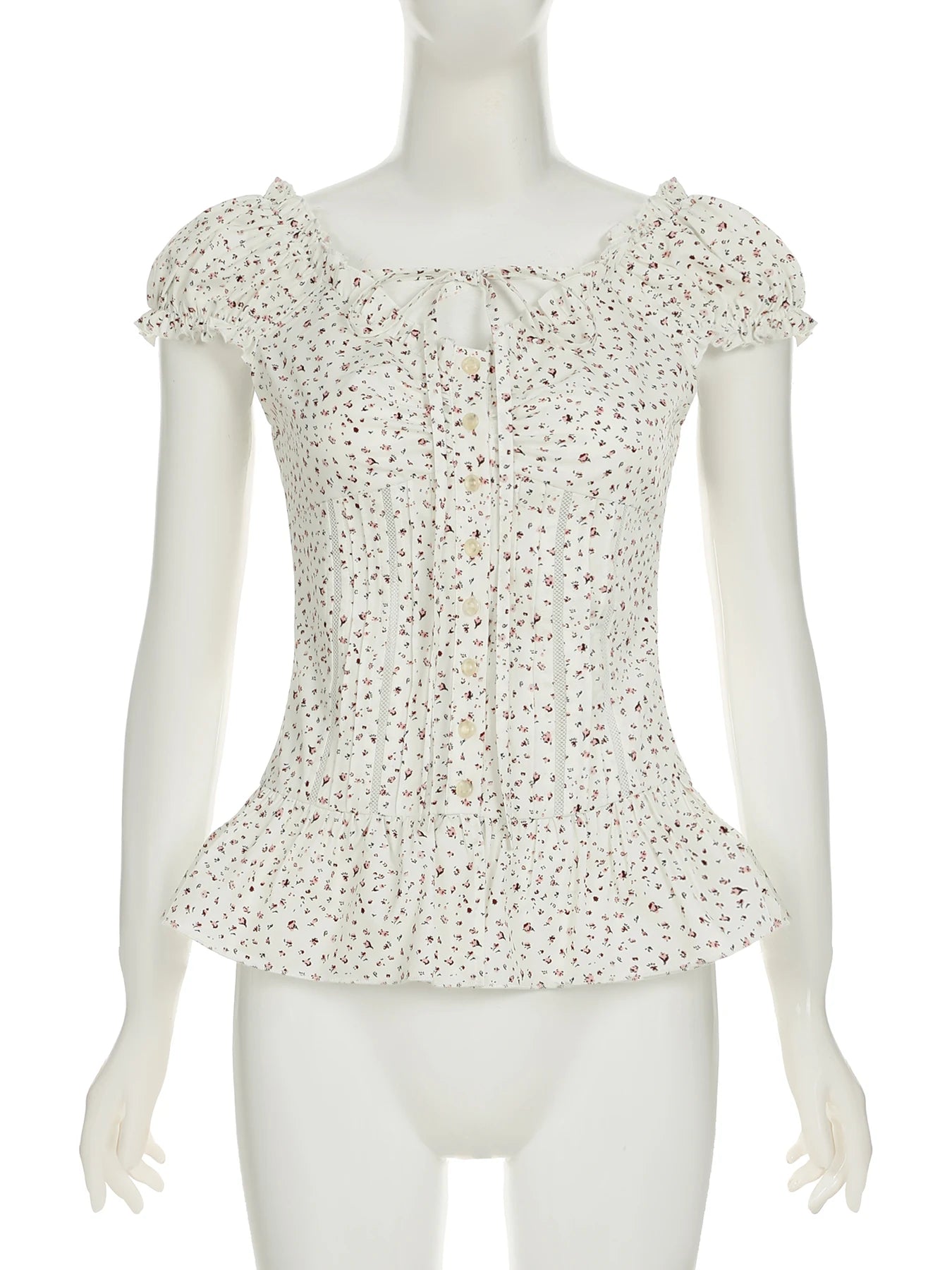 fashionFloral Print French Lace-up Fold Shirt Sexy Slim Classic Fashion Streetwear All-match Top Button Chic 90s Clothes