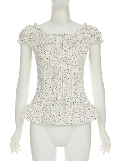 fashionFloral Print French Lace-up Fold Shirt Sexy Slim Classic Fashion Streetwear All-match Top Button Chic 90s Clothes
