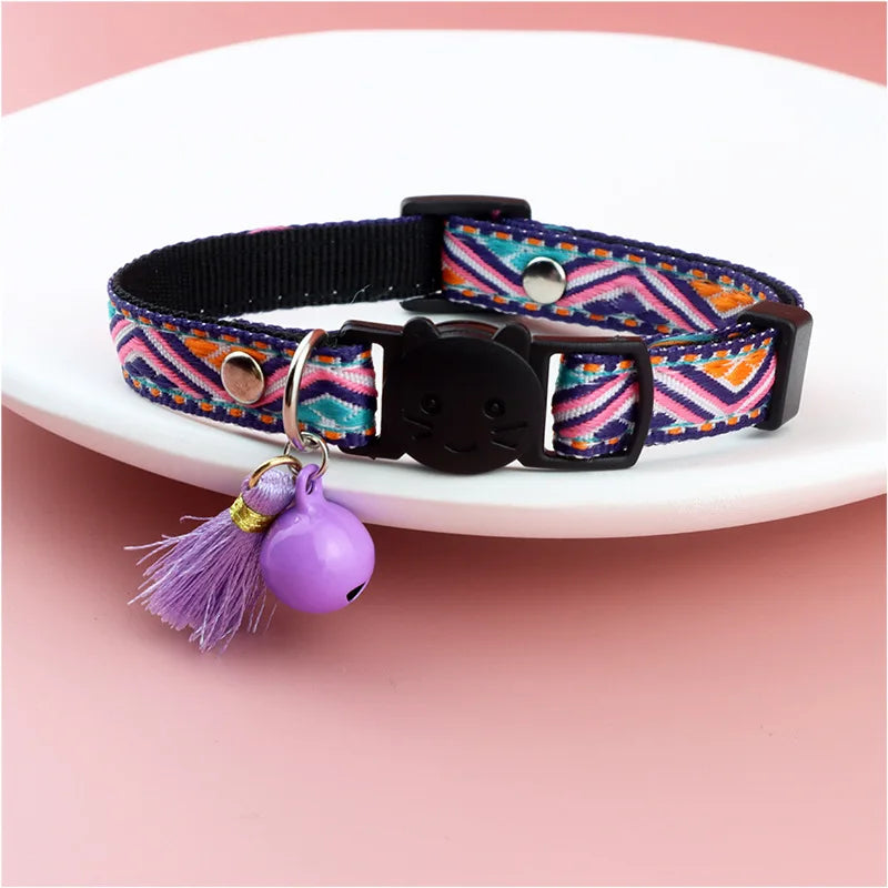 1pc Anti-suffocation Security Snap Cat Collar Jacquard Cat Necklace With Bell and Tassel Adjustable Puppy Collar Pet Accessories