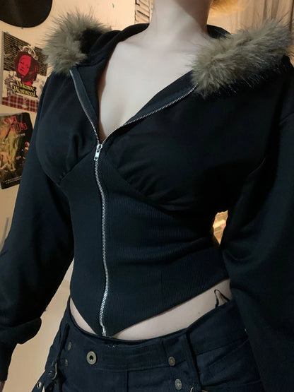 fashionZip Up Fur Neck Hoodie Coats Fashion Slim Solid Y2K Vintage Women's Jackets Casual Streetwear Chic Basics Clothes