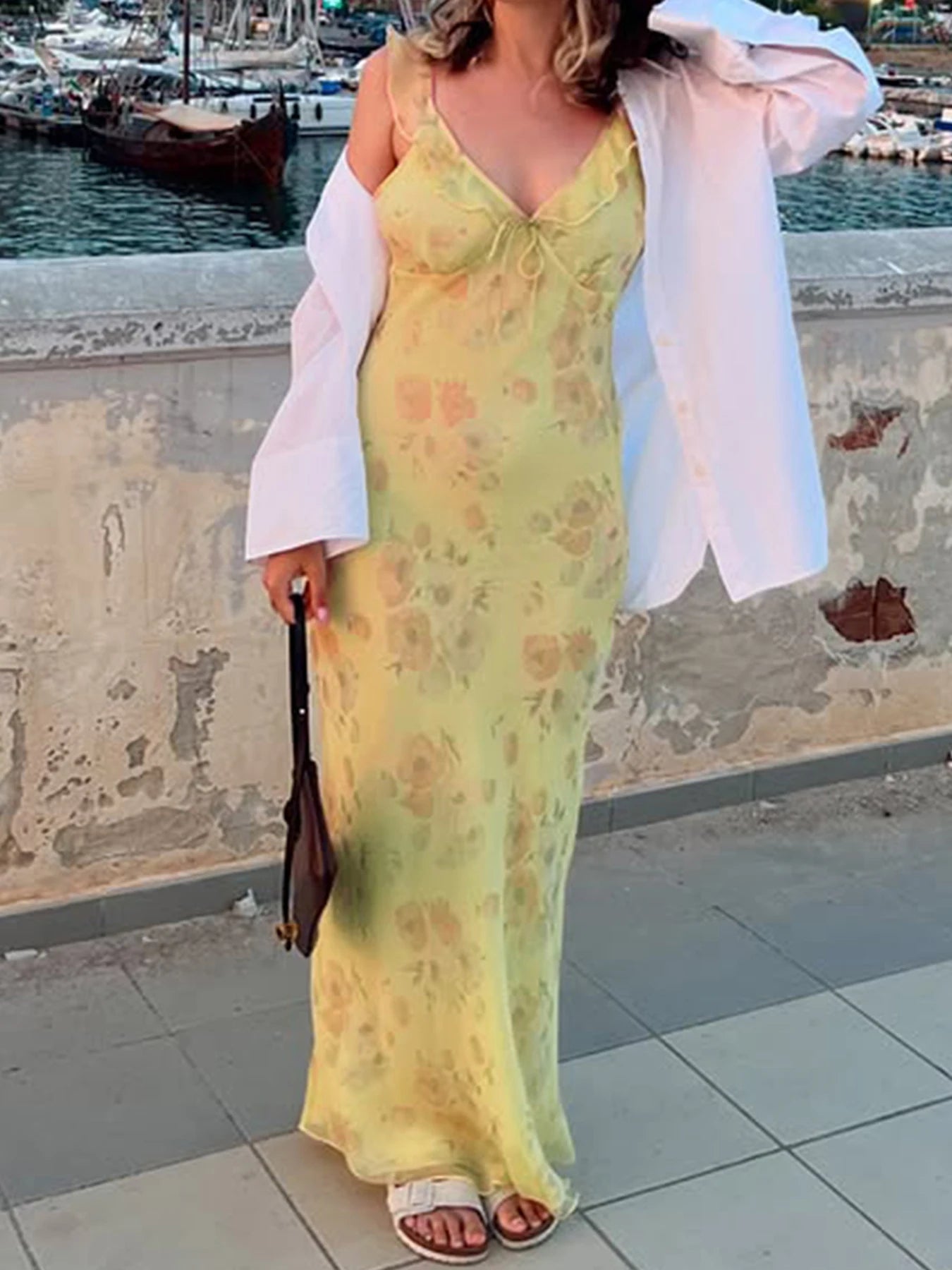 fashion Floral Print Ruffles Dresses Sexy Printed Fish Tail Party Dress Summer Chic Harajuku Vacation Long Outfits