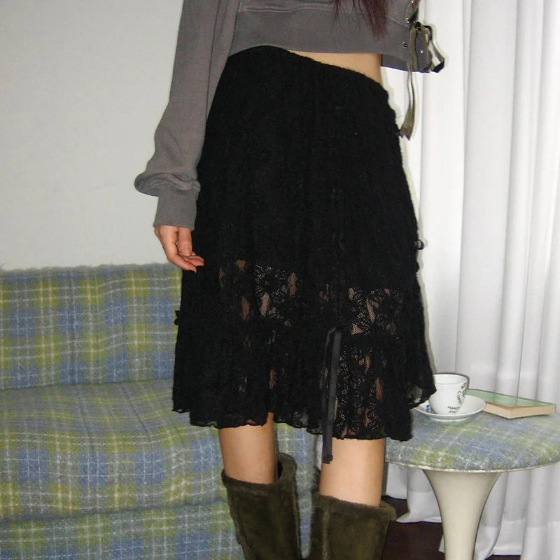 fashion Vintage Shirring Long Skirts Y2K Aesthetic Chic Knee-Length Outfits Streetwear Casual Solid Lace Fashion Bottoms