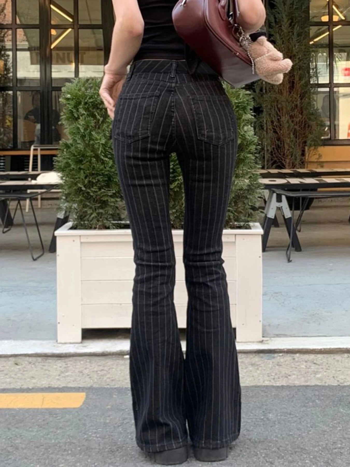 fashionStripe Slim Vintage Chic Jeans Zipper Pockets Fashion Low Waisted Button 90s Pants Streetwear All-match For Women