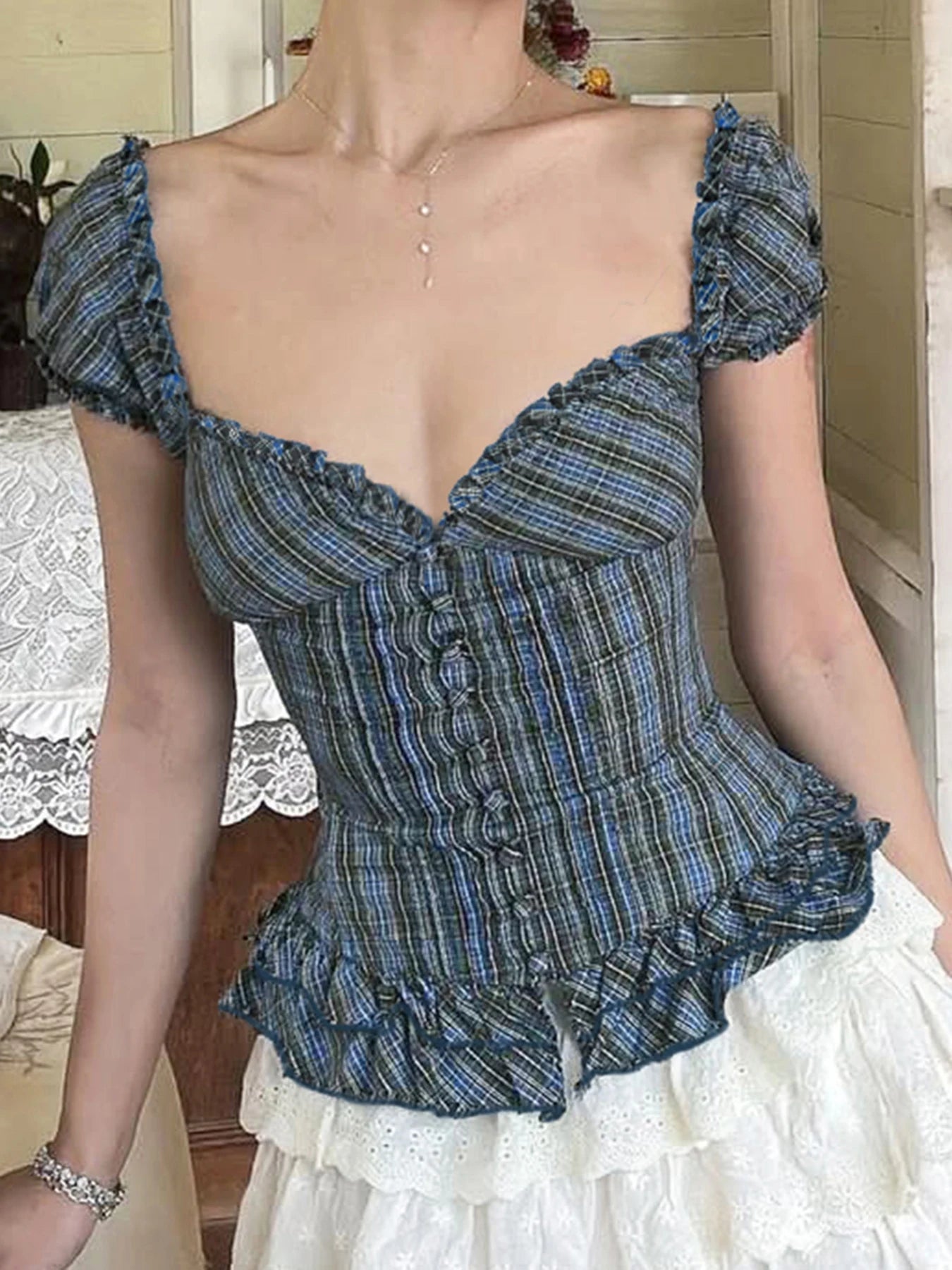 fashionFrench Plaid Print Slim Sexy Blouses Square Collar Button Chic Bodycon Hottie Top Vintage Fashion Fold Clothes