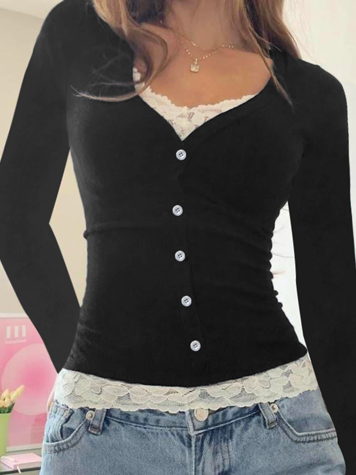 fashionColor Contrast Lace Patchwork Fake Two Pieces Tops Button Slim Casual Streetwear Clothes Basic Bodycon 90s Outfits