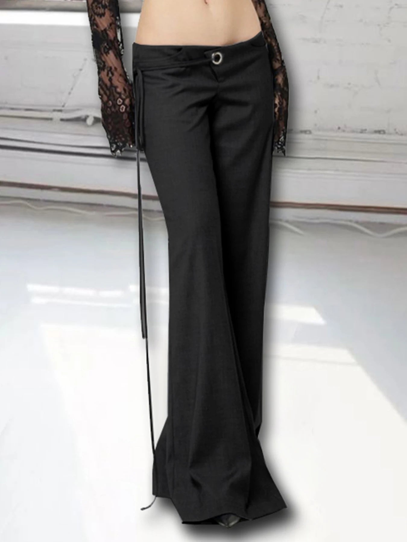 fashionLace Up Loose England Style Trousers Fashion Low Waisted Solid Pants Vintage Aesthetic Leisure Bottoms for Women