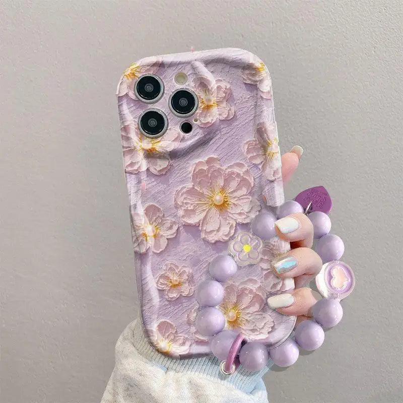 3D Flower Chain Lanyard Phone Case For Redmi Note 13 Pro Plus 5G 13C 4G Soft Wavy Edge Oil Painting Flowers Protective Cover