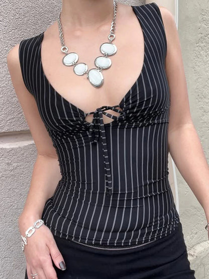 fashionPolka Dot Bandage V-neck Tops Casual Streetwear Slim Stripe Hollow Out 90s Clothings Fashion Elastic Sexy Outfits