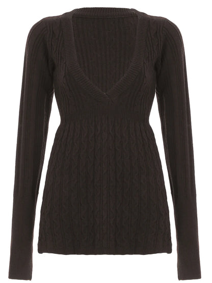 fashion Solid Vintage Knitted Sweaters Long Sleeves Aesthetic Slim Basics Loose Hem Clothes Casual Brown Pull Tops