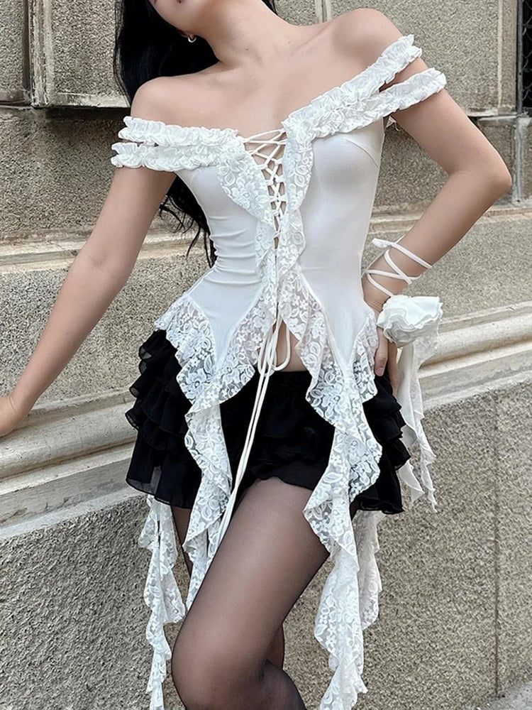 fashion Lace Patchwork Vacation Bandage Tops Sleeveless Sexy Chic Vintage Shirts Streetwear Slim Solid Bodycon Bustiers