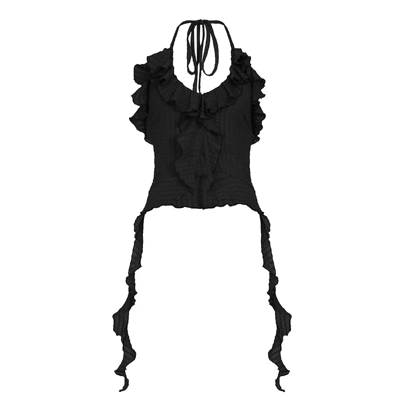 fashionStringy Selvedge Vacation Halter Camisole Irregular Sexy Slim Cropped Solid Backless Clothings Bodycon Chic Top