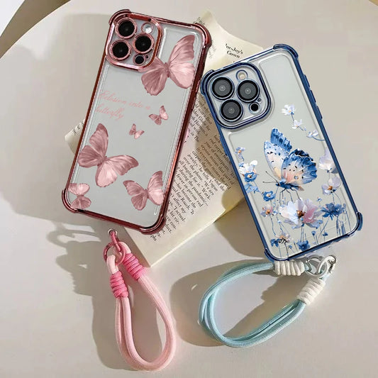 Luxury Butterfly Lanyard Rope Phone Case For Xiaomi POCO X7 X6 Pro F7 M7 X5 X3 F3 F4 F5 M4 M3 Mi 15T 14T Pro 15 Ultra 13 14 Skin