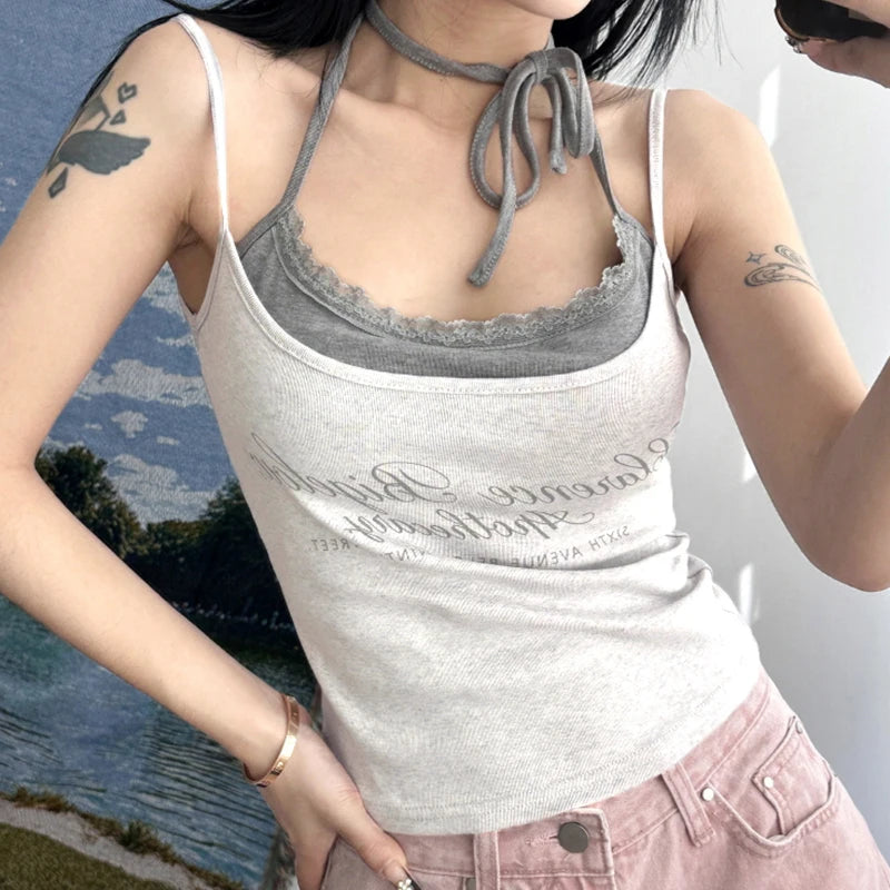 fashion Fake Two Pieces Color Contrast Camisole Backless Letter Print Slim Sexy Casual Slim Crop Top Basic Sweet Clothings