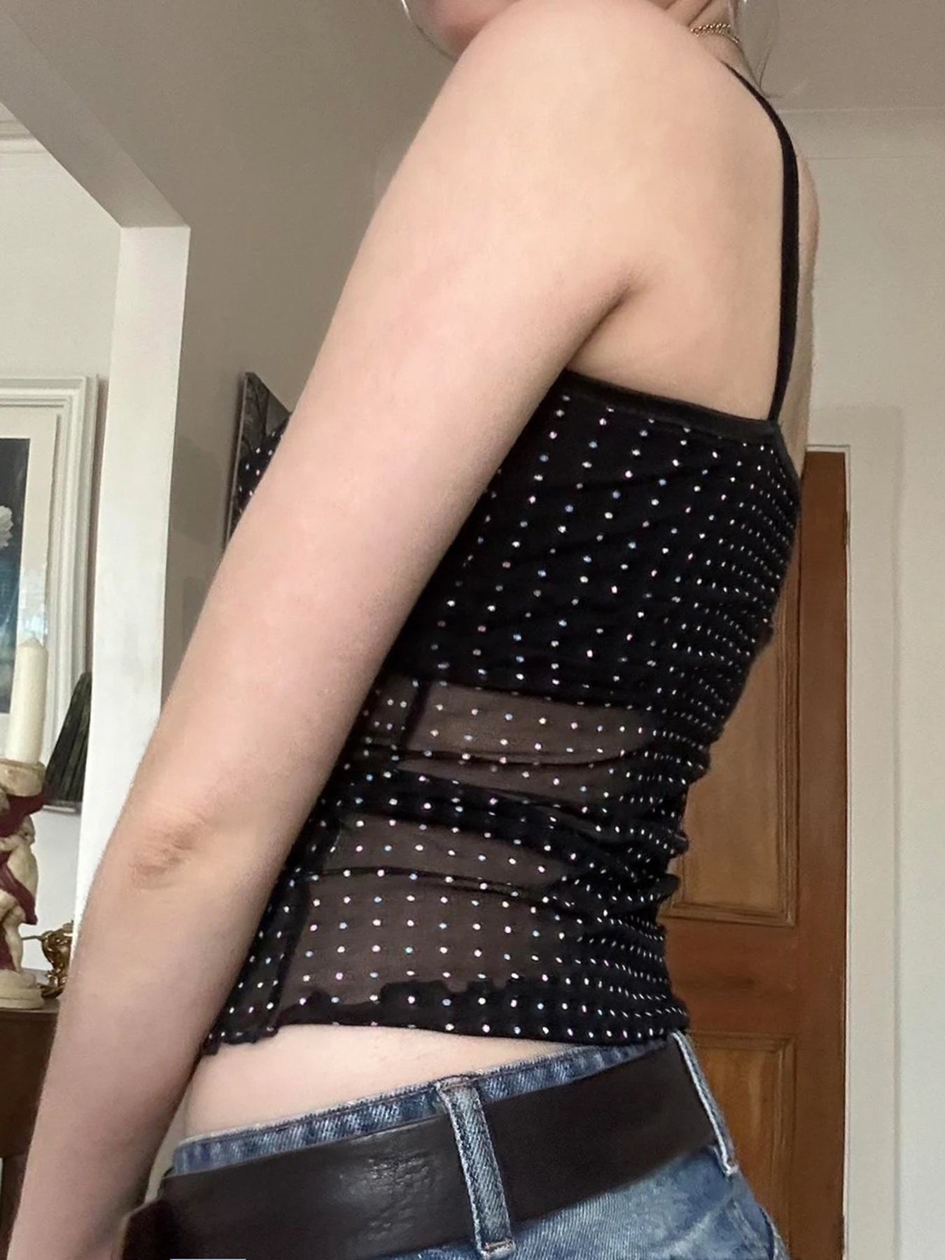 fashion Sexy Dot Print Crop Bustiers V-neck Transparent Patchwork Sleeveless Camisole Backless Summer Cute   Outfits