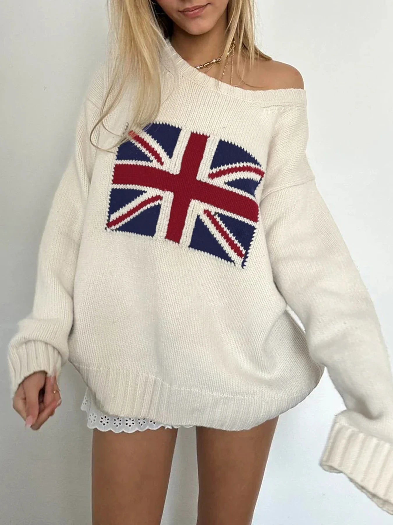 fashion Graphic Patchwork Knitted Sweaters Y2K Crewneck Fashion Loose Crochet Tops Autumn Vintage Casual Cute Pullovers
