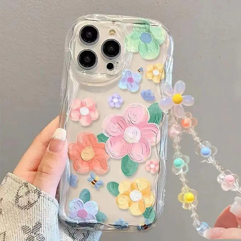 3D Flower Chain Lanyard Phone Case For Redmi Note 13 Pro Plus 5G 13C 4G Soft Wavy Edge Oil Painting Flowers Protective Cover