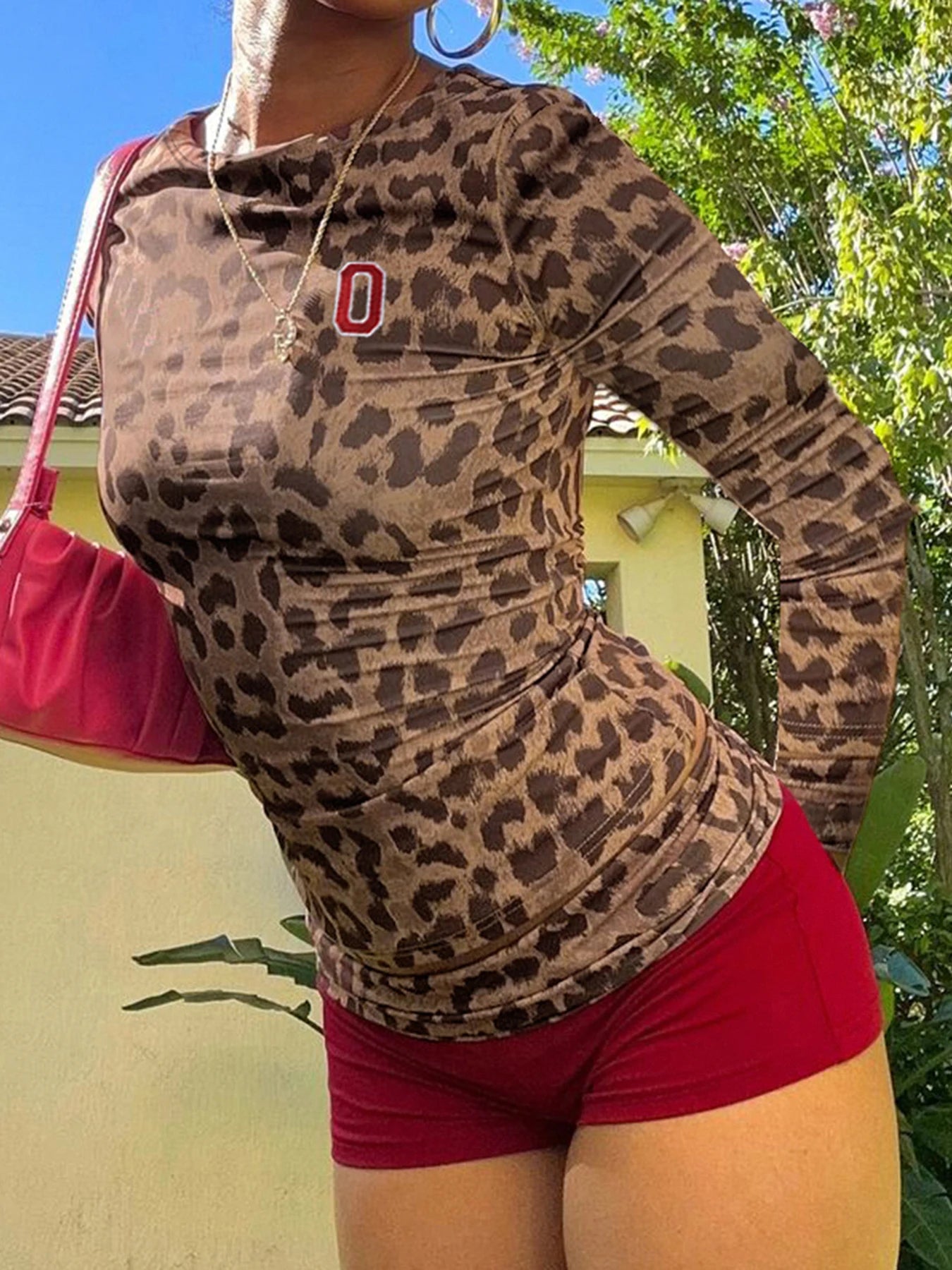 fashion Crewneck Y2K Vintage Two Pieces of Sets Leopard Print Tee Shirts anf Patchwork Shorts Outfits Women's Slim Cloth