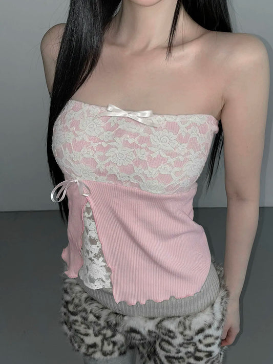 fashionLace Patchwork Slit Sweet Camisole Elastic Sexy Slim Backless Summer Sleeveless Clothings Chic Streetwear Outfits