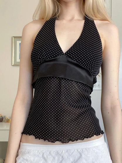 fashionPolka Dot Sexy Backless Camisole Stain Patchwork Halter Basic Vintage Streetwear Slim Top Hottie Summer Bustiers