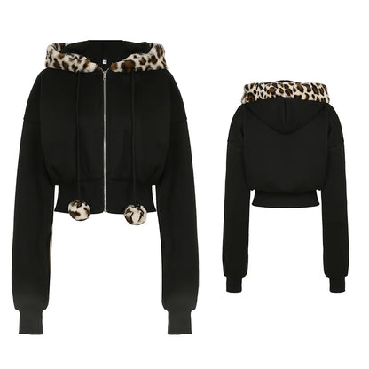 fashionZip Up Fur Neck Hoodie Coats Fashion Slim Solid Y2K Vintage Women's Jackets Casual Streetwear Chic Basics Clothes