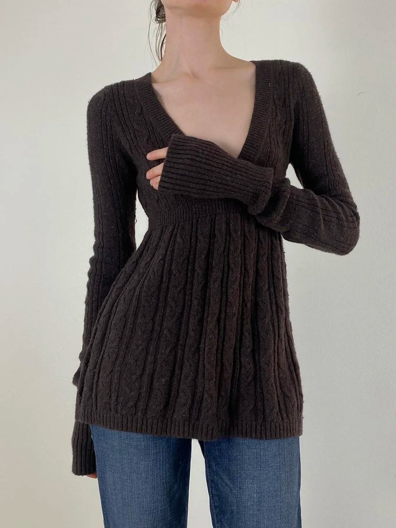 fashion Solid Vintage Knitted Sweaters Long Sleeves Aesthetic Slim Basics Loose Hem Clothes Casual Brown Pull Tops