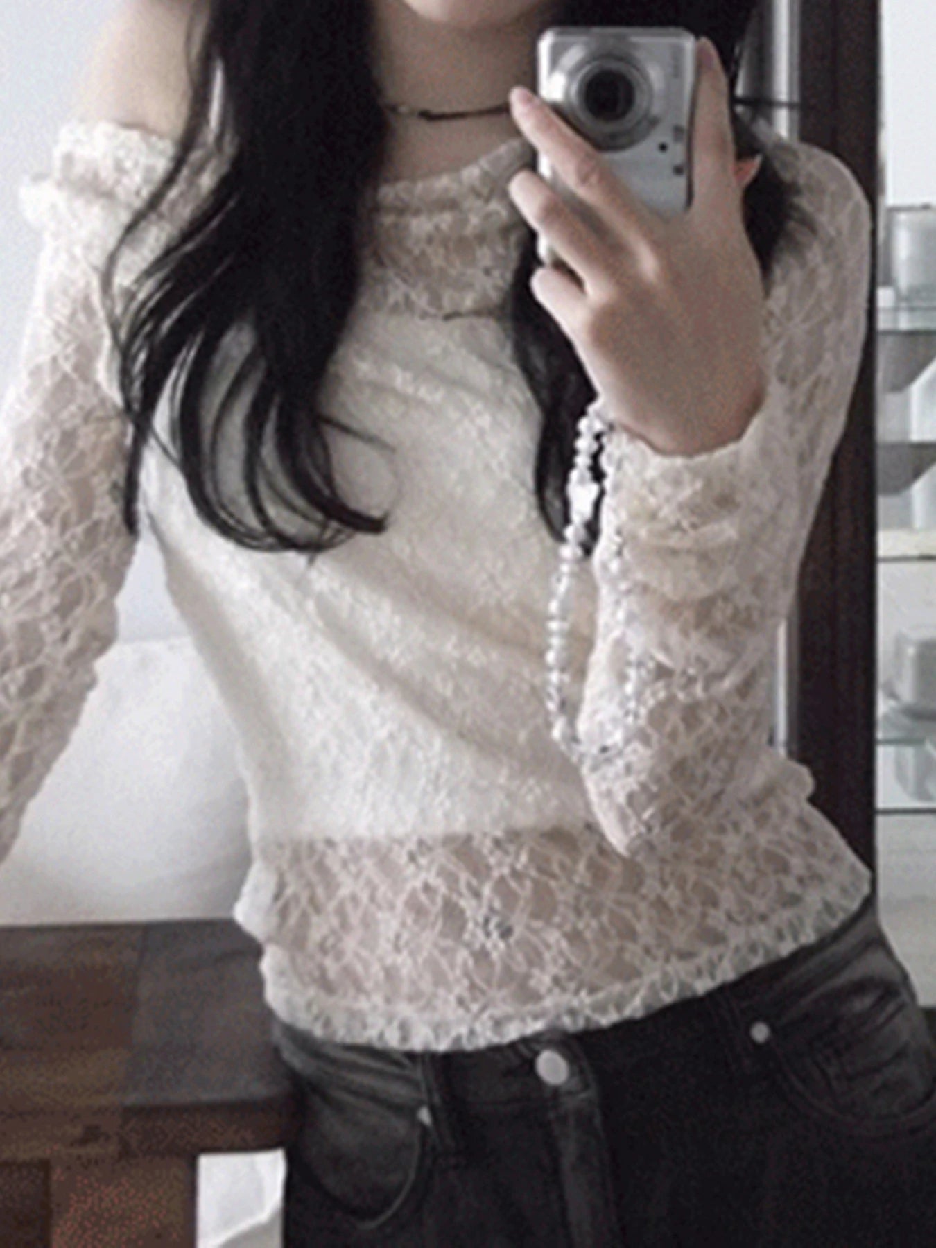 fashionSexy Lace Skew Collar Fashion Smock T-shirts Chic Vintage Retro 90s Hottie Elegant Tees Slim Streetwear Basic Tops