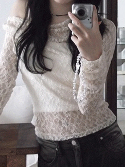 fashionSexy Lace Skew Collar Fashion Smock T-shirts Chic Vintage Retro 90s Hottie Elegant Tees Slim Streetwear Basic Tops