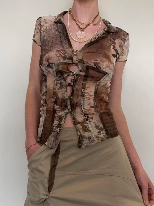 fashionRetro Floral Print Lapel Slim T-shirt Hollow Out Button Vintage Chic 90s Streetwear Tees Sexy Elastic Fashion Tops