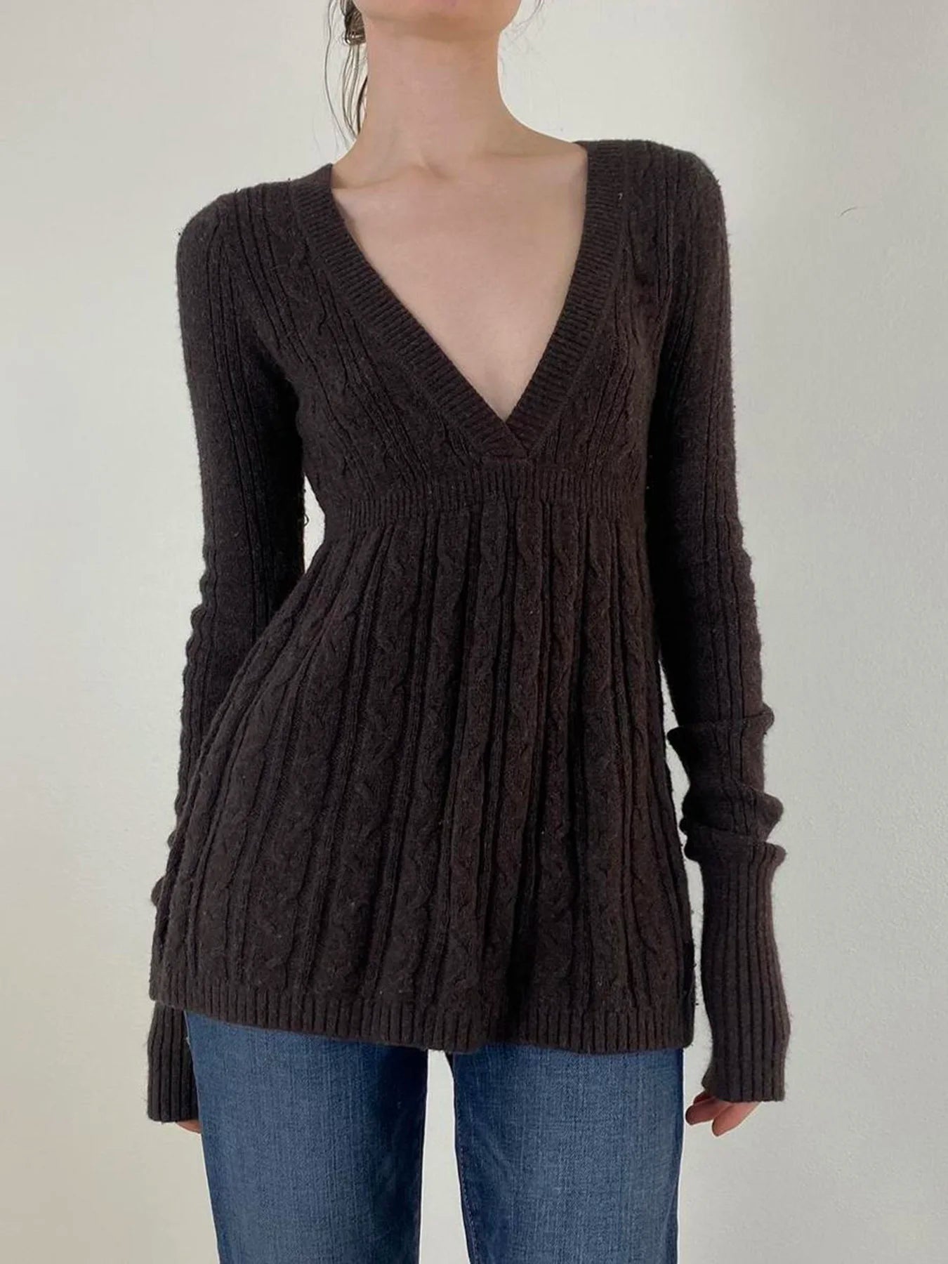 fashion Solid Vintage Knitted Sweaters Long Sleeves Aesthetic Slim Basics Loose Hem Clothes Casual Brown Pull Tops