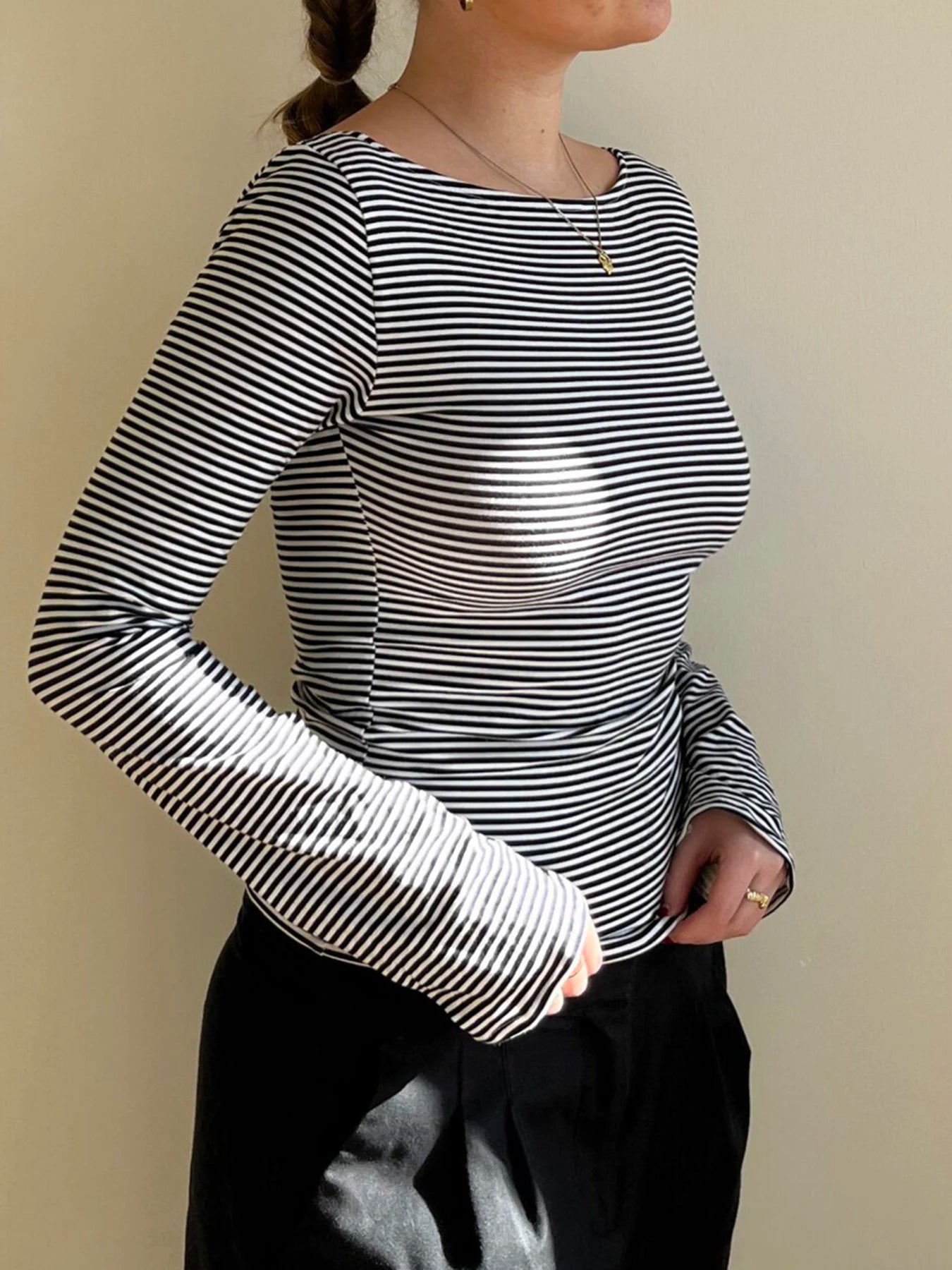 fashionStriped Print Crewneck Tops Backless Long Sleeves Vintage Harajuku Slim Shirts Streetwear Fashion Cute Korean Tees