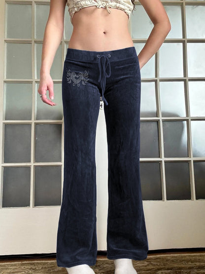 fashionRetro Rhinestone Y2K Flare Pants Lace-up Casual Streetwear Cute Bottoms Harajuku Aesthetic 2000s Women's Pants