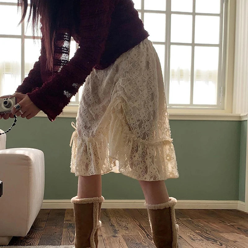 fashion Vintage Shirring Long Skirts Y2K Aesthetic Chic Knee-Length Outfits Streetwear Casual Solid Lace Fashion Bottoms