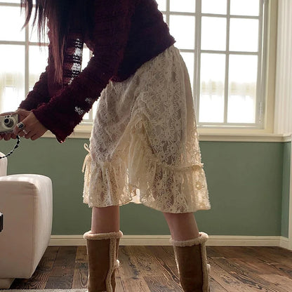 fashion Vintage Shirring Long Skirts Y2K Aesthetic Chic Knee-Length Outfits Streetwear Casual Solid Lace Fashion Bottoms