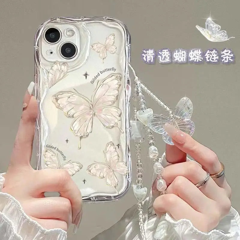 Korean Butterfly Lanyard Case For Huawei Honor 90 Lite 20 50 SE Nova 5T 11 7 9 10 P30 P40 Mate 30 40 Pro Hang Chain Clear Cover