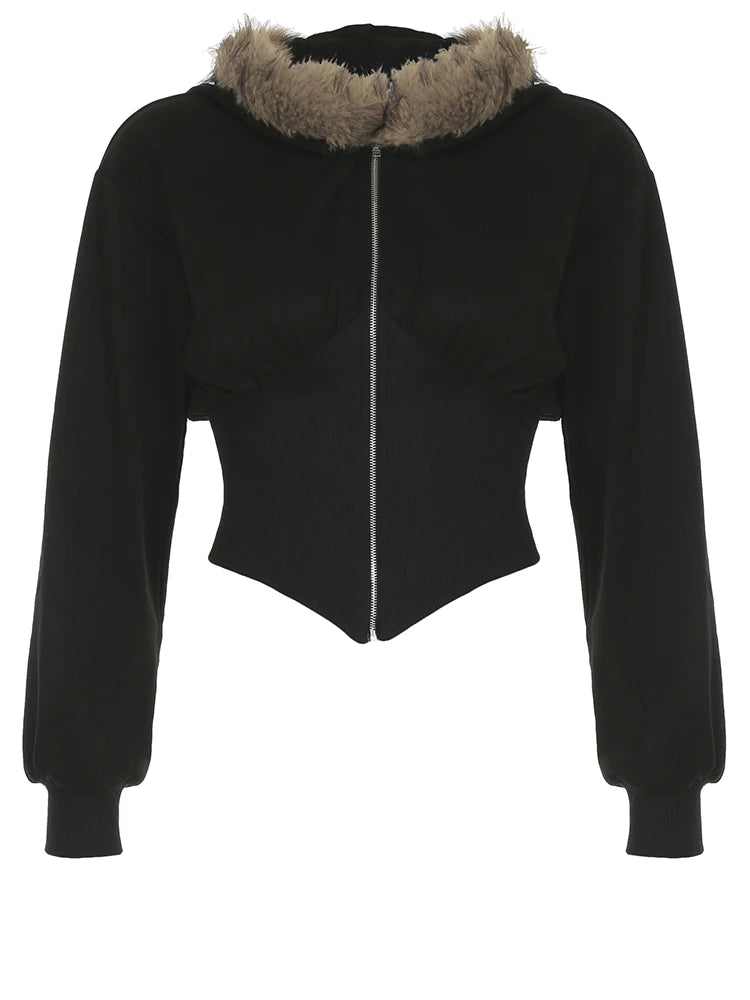 fashionZip Up Fur Neck Hoodie Coats Fashion Slim Solid Y2K Vintage Women's Jackets Casual Streetwear Chic Basics Clothes