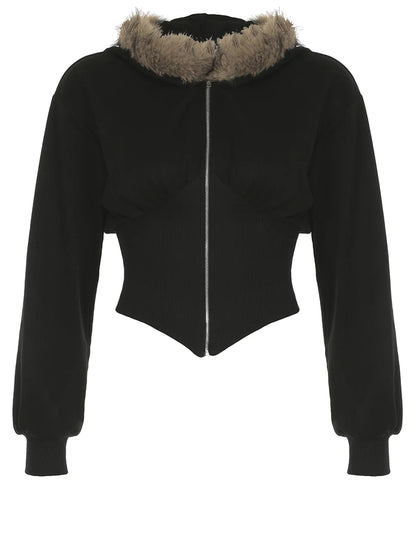 fashionZip Up Fur Neck Hoodie Coats Fashion Slim Solid Y2K Vintage Women's Jackets Casual Streetwear Chic Basics Clothes