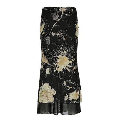 fashion Retro Floral Print Long Skirts Aesthetic 90s Fairycore Grunge Bottoms for Women Chic Y2K Fashion Two-layers Skirts