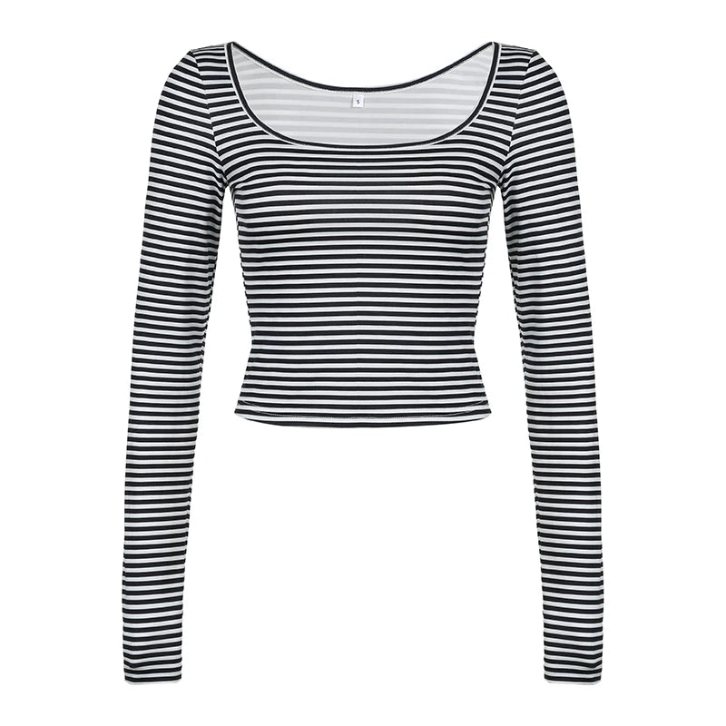 fashionStripe All-match Basic Slim Tshirt Vintage Streetwear Korean Casual Fashion Clothings Elastic Cropped Elegant Tops