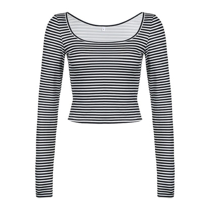 fashionStripe All-match Basic Slim Tshirt Vintage Streetwear Korean Casual Fashion Clothings Elastic Cropped Elegant Tops