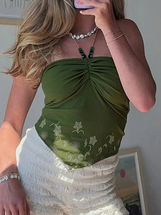 fashionRetro Floral Print Beads Sexy Camisole Vintage Streetwear Slim Backless Elastic Top Irregular Shirring Bustier