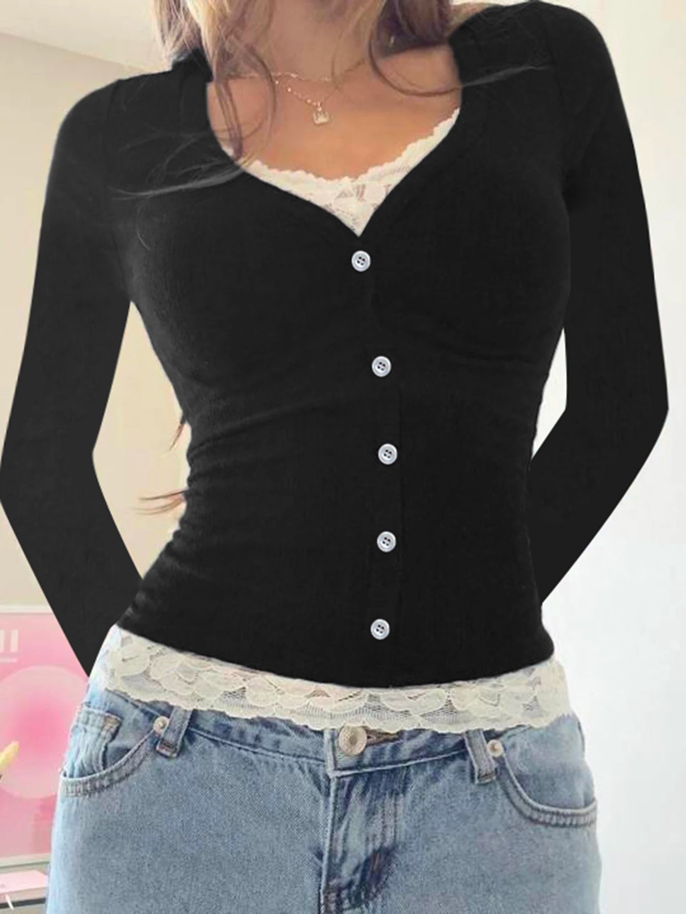 fashionColor Contrast Lace Patchwork Fake Two Pieces Tops Button Slim Casual Streetwear Clothes Basic Bodycon 90s Outfits