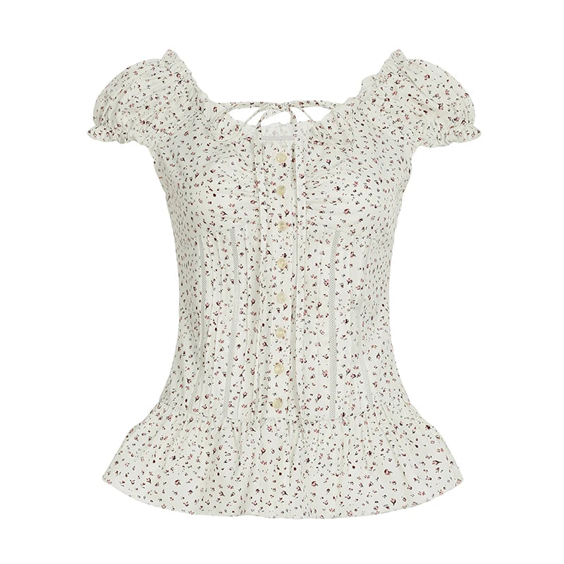 fashionFloral Print French Lace-up Fold Shirt Sexy Slim Classic Fashion Streetwear All-match Top Button Chic 90s Clothes