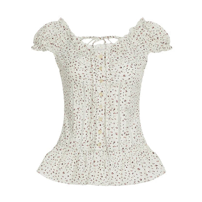 fashionFloral Print French Lace-up Fold Shirt Sexy Slim Classic Fashion Streetwear All-match Top Button Chic 90s Clothes