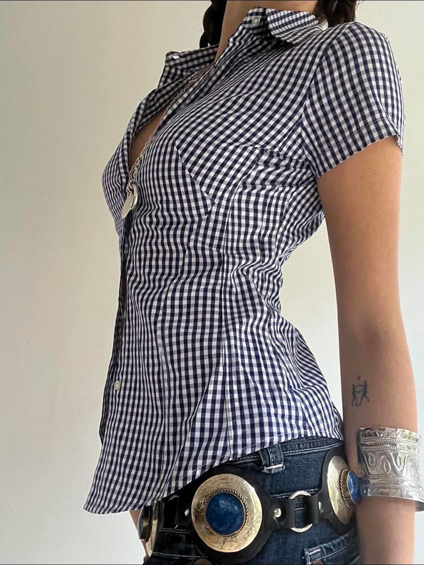 fashionPlaid Print Y2K Blouses for Women Button Up Chic Short Sleeves Outfits Tuurn-down Neck Vintage Aesthetic 2000s Top