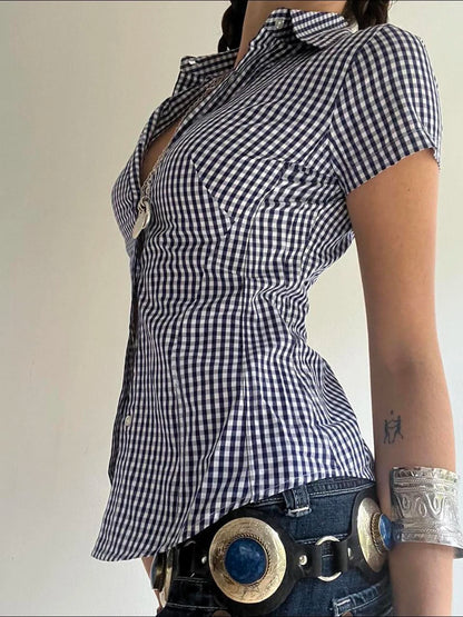 fashionPlaid Print Y2K Blouses for Women Button Up Chic Short Sleeves Outfits Tuurn-down Neck Vintage Aesthetic 2000s Top