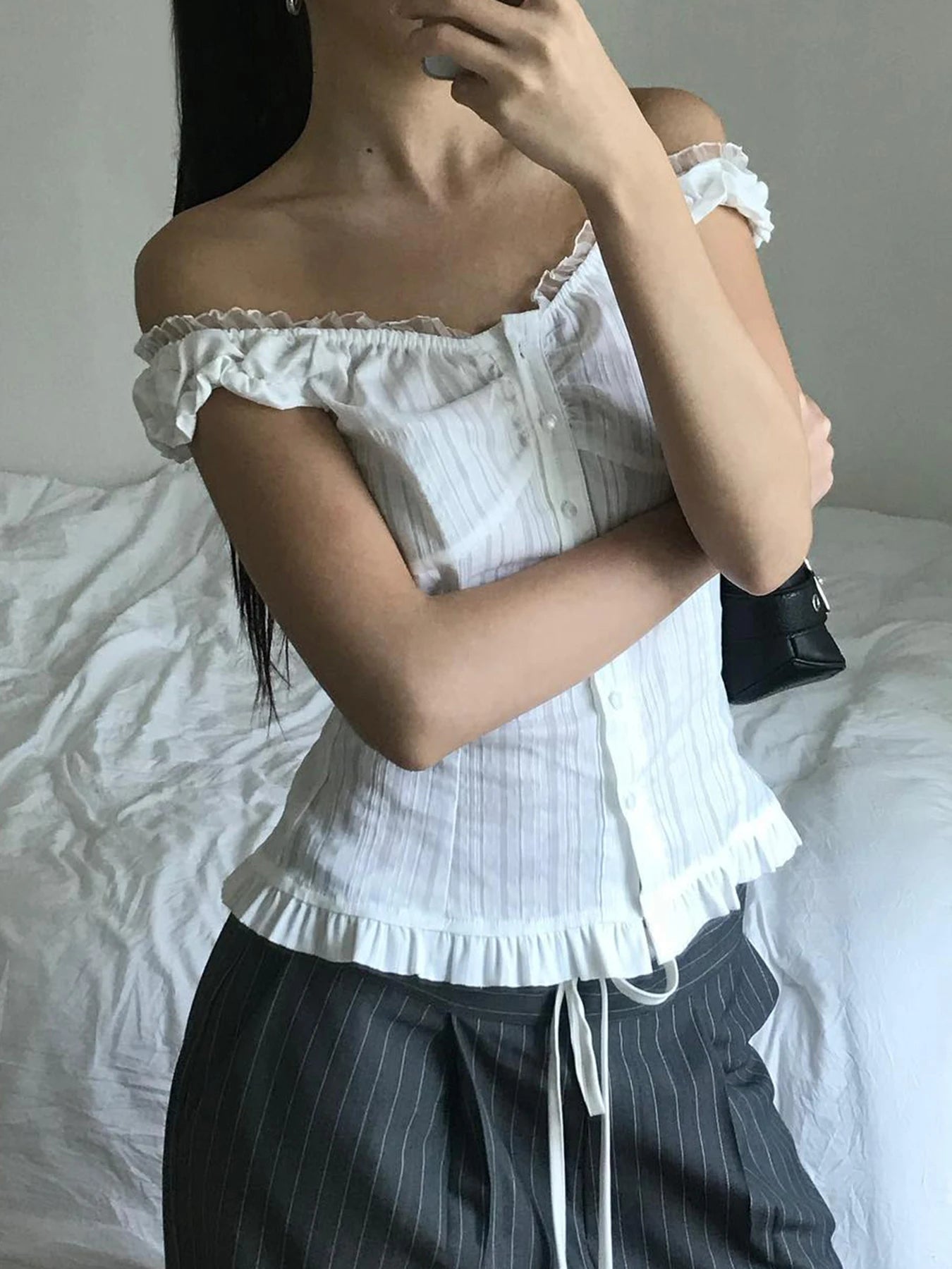 fashion Lace-up Solid Sexy Button Tees Slim Casual All-match Harajuku Fashion Women's Top Korean Style Aesthetic Clothings