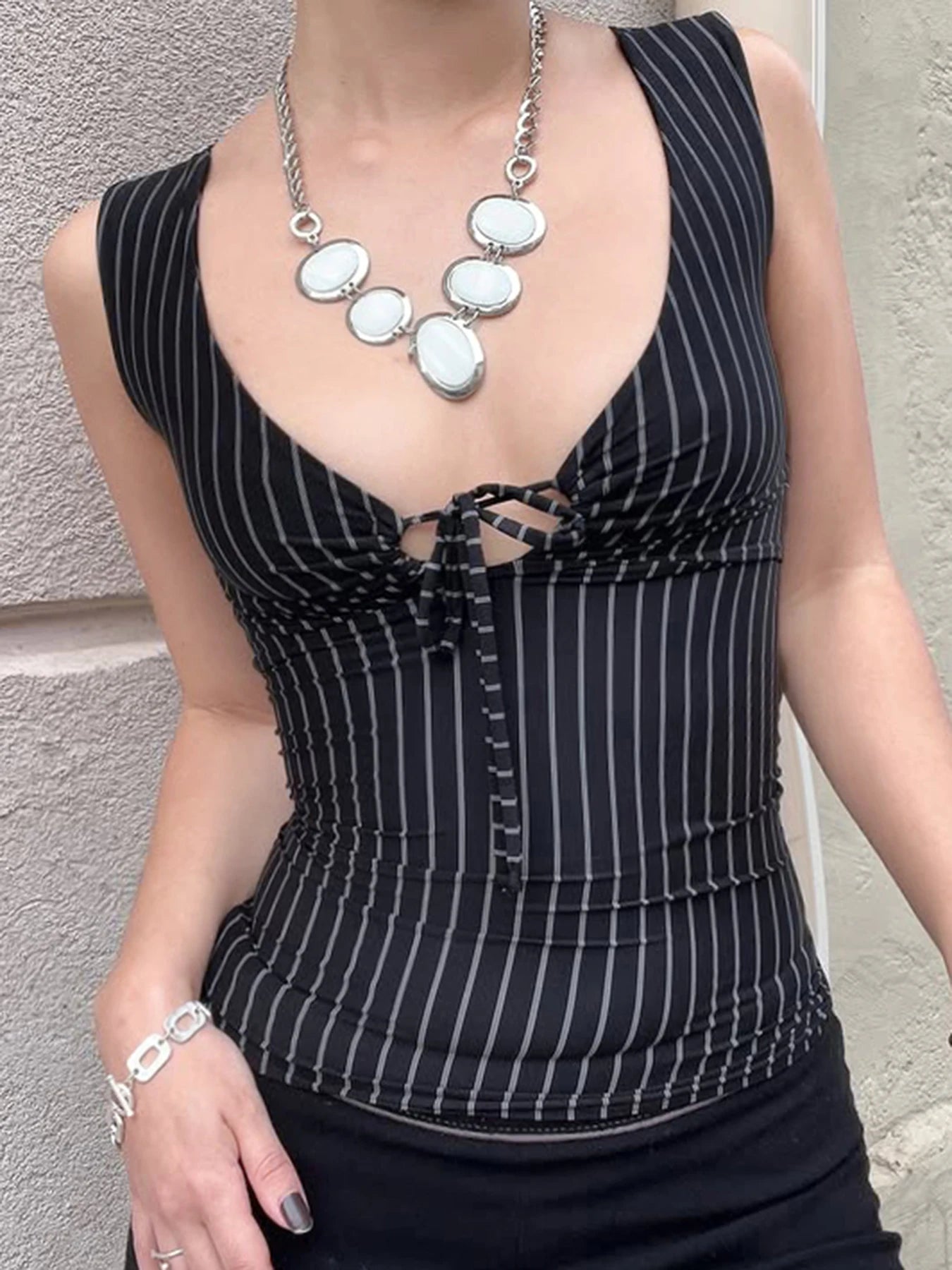 fashionPolka Dot Bandage V-neck Tops Casual Streetwear Slim Stripe Hollow Out 90s Clothings Fashion Elastic Sexy Outfits