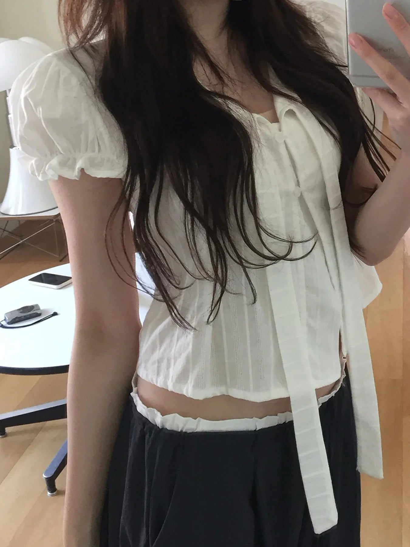 fashionPuff Sleeve Sexy Solid Lace-up T-shirt Slim Crop Short Sleeved Summer Streetwear Sweet Clothings Button Casual Top